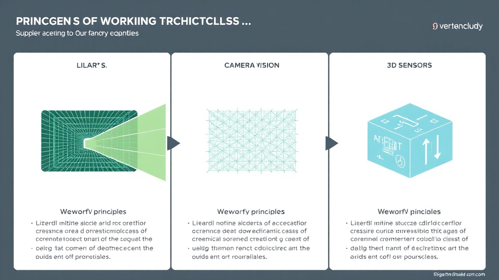 LDS 라이다, 카메라 비전, 3D 센서의 작동 원리를 시각적으로 비교하여 설명하는 인포그래픽 다이어그램