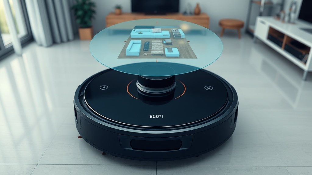 로봇청소기 상단에 탑재된 광각 카메라 렌즈가 거실의 천장과 가구 배치를 스캔하는 모습