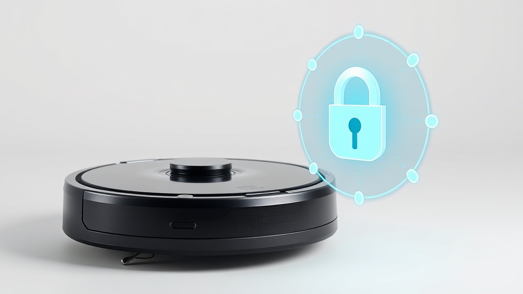 데이터 보안과 개인정보 보호를 상징하는 잠금장치 아이콘과 로봇청소기 그래픽