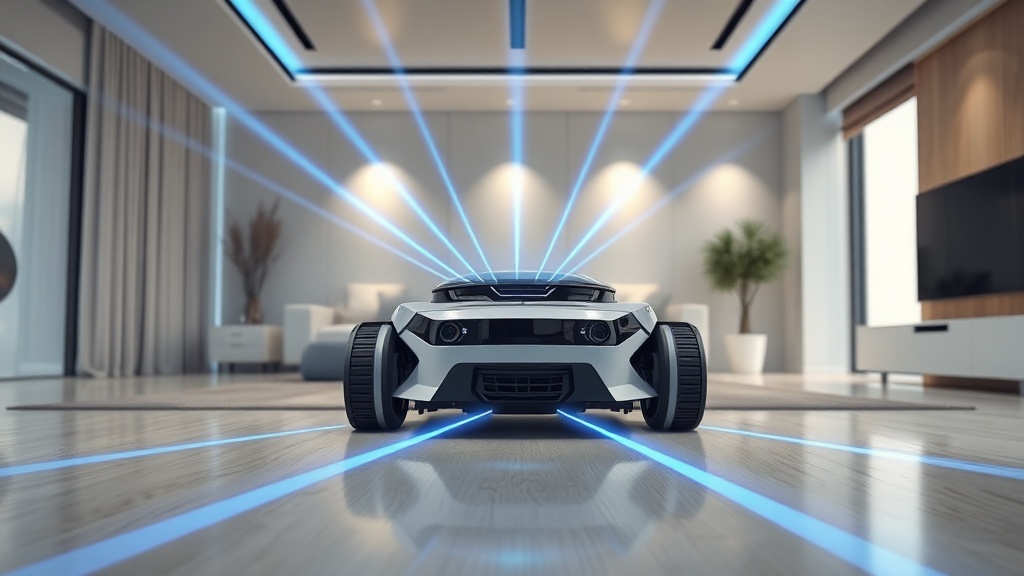 거실 중앙에서 푸른색 레이저를 쏘며 공간의 구조를 스캔하고 있는 로봇청소기의 모습