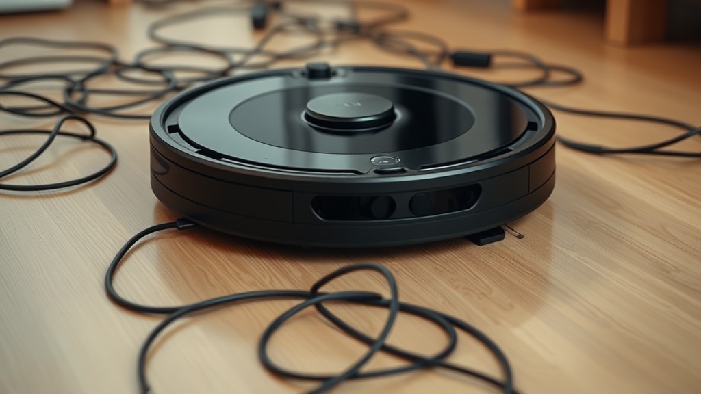 로봇청소기가 바닥에 놓인 복잡한 전선 뭉치를 인식하고 부드럽게 우회하여 청소하는 모습