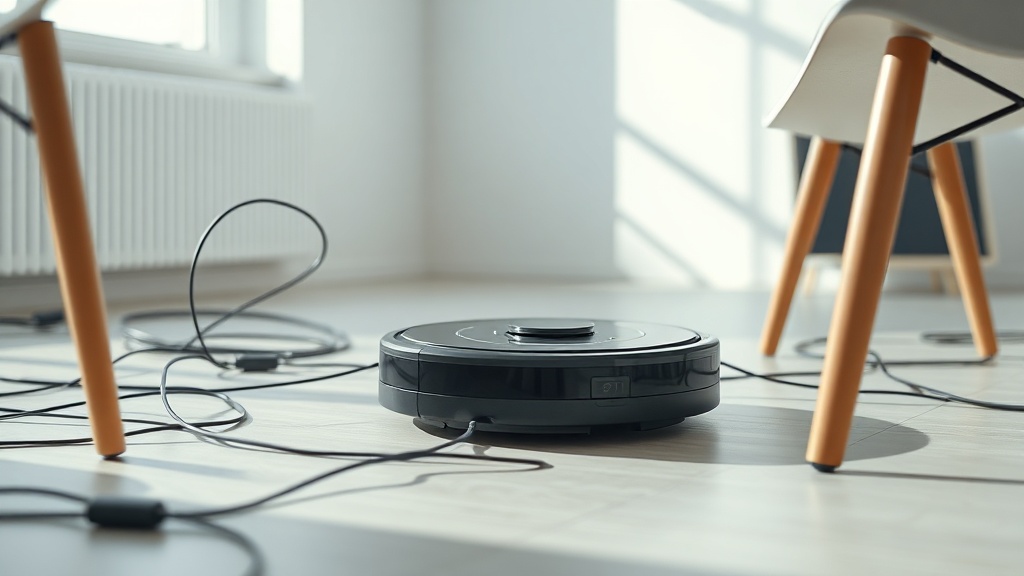 복잡하게 얽힌 전선과 얇은 의자 다리 사이를 부드럽게 피해가며 청소하는 로봇청소기의 장애물 회피 장면